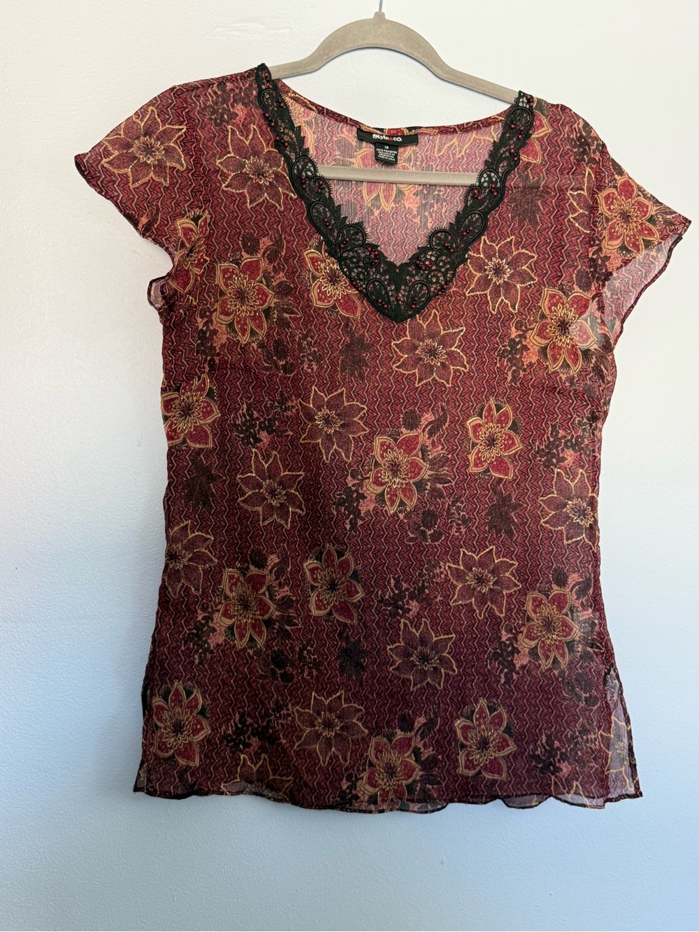 Style & Co. Burgundy Floral Lace-Trim V-Neck Blouse